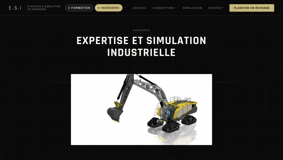 Accueil de l'espace Ingénierie du site E.S.I avec une pelleteuse modélisée en 3D